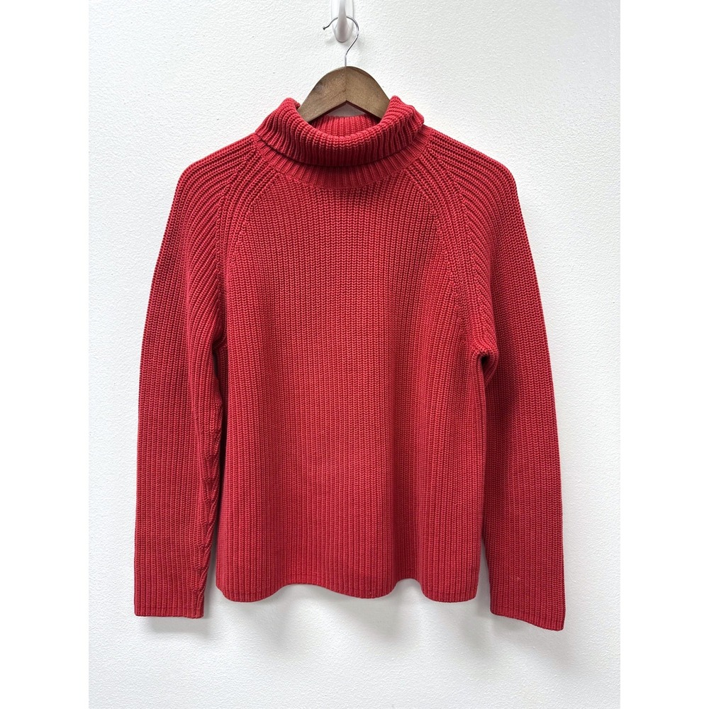 Lands' End Chunky Cotton Knit Turtleneck Sweater Coral Red M‎